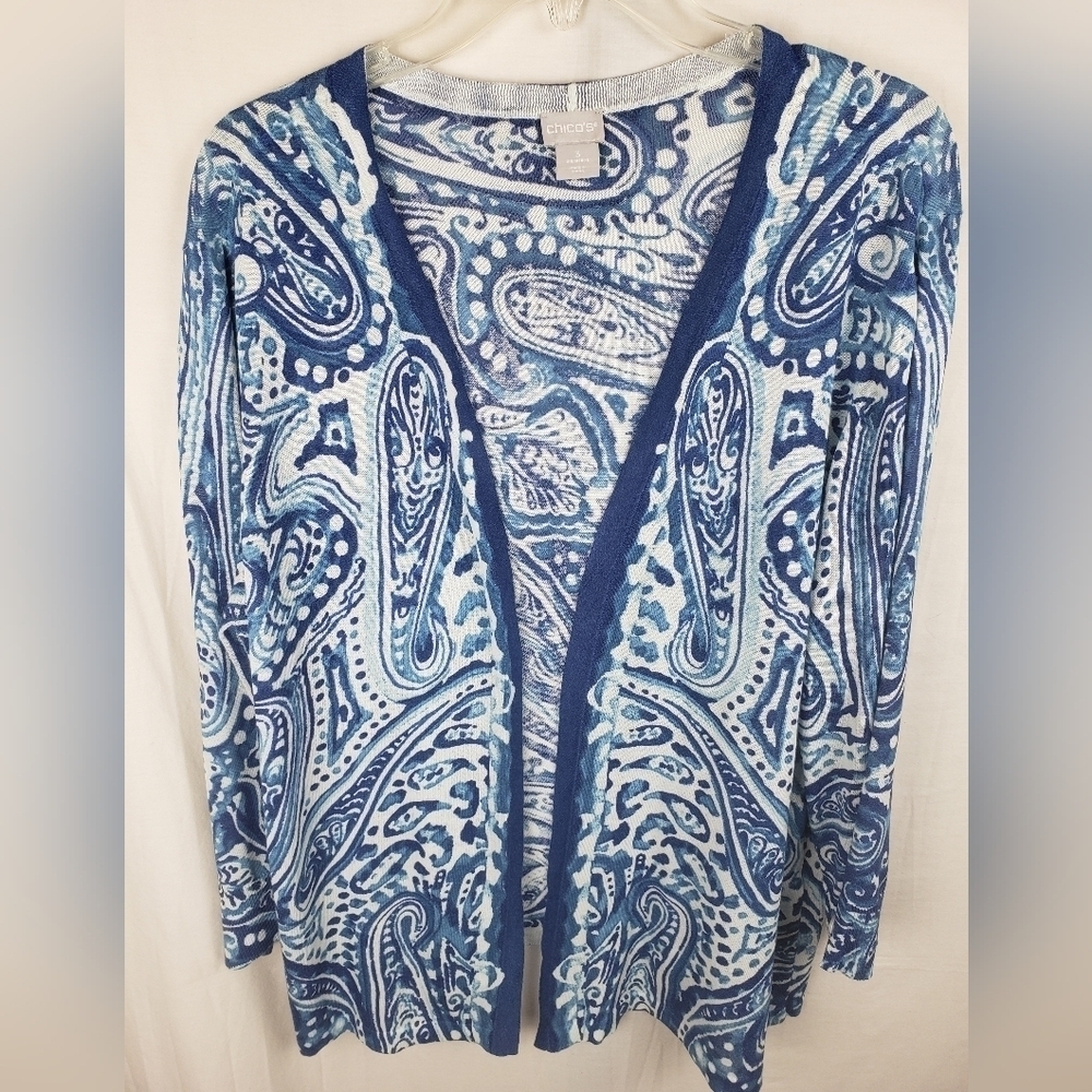 Chico's Blue and White Paisley Open Front Cardigan Sweater Sz Chico's 3 (XL) - Picture 1 of 9